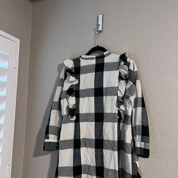 Tribe Alive Freya Ruffled Shirt Dress Medium Lined Check Plaid Black Cream - Picture 7 of 8